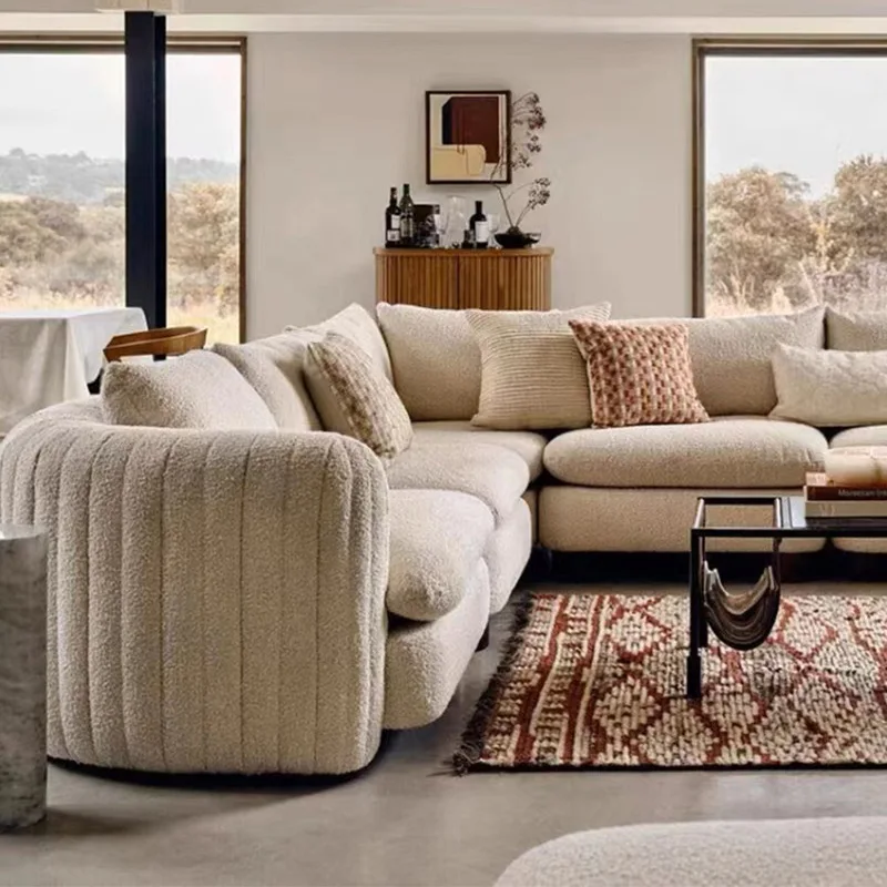 nordic French style beige japandi design teddy fabric upholstered sofa set sectional for living room modern couch