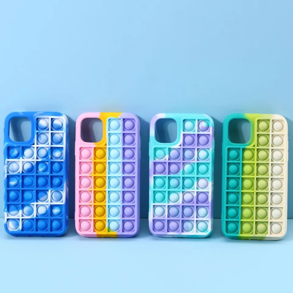 
tie dye mix color pops it Phone Case Silicone Shockproof 2 in 1 Back Cover Push Bubble Fidget Toy Phone Case for iPhone 12 
