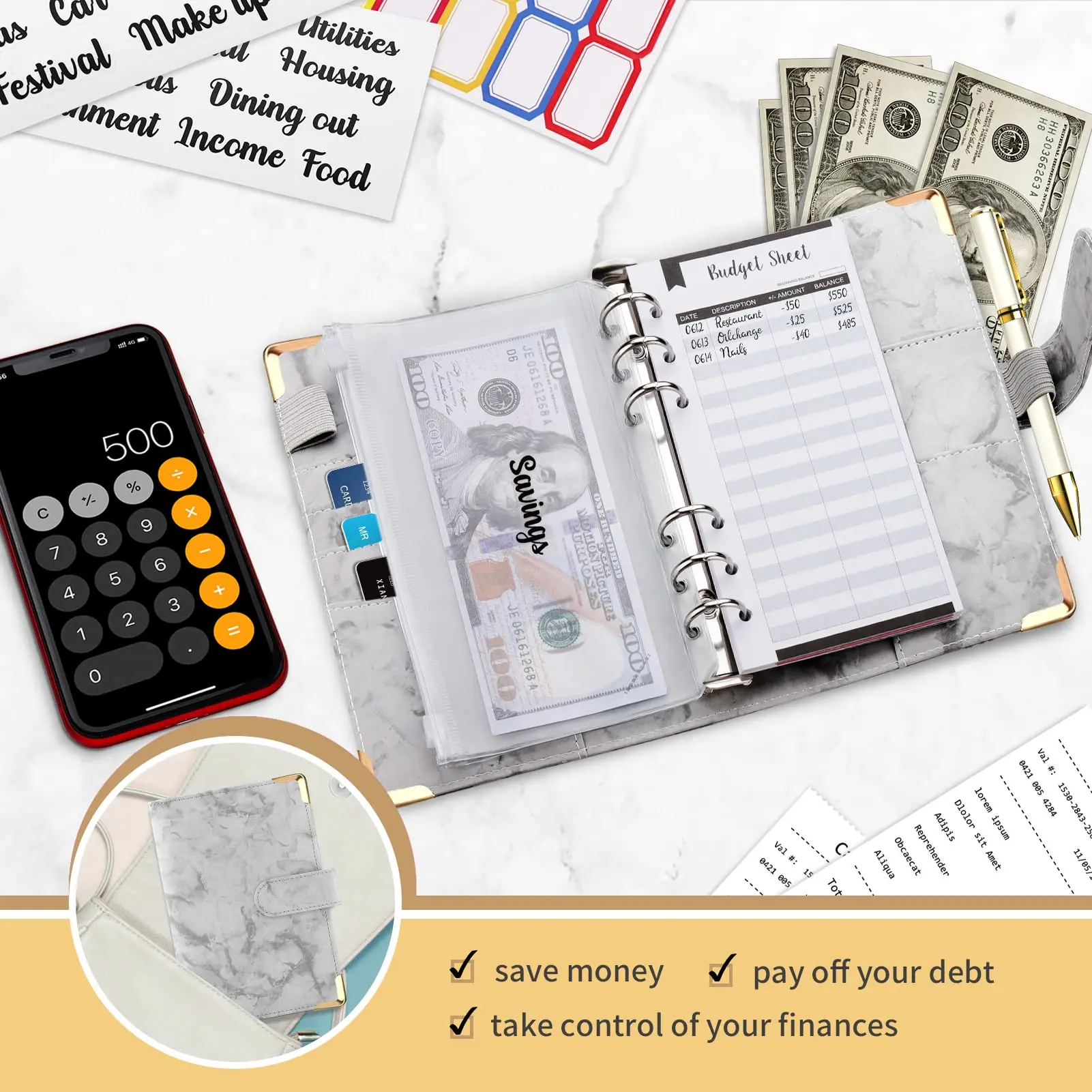 Budget Binder Cash Envelopes for Budgeting Money Organizer for Cash Budget Binder with Cash Envelopes Marble 6-Ring Money Saving