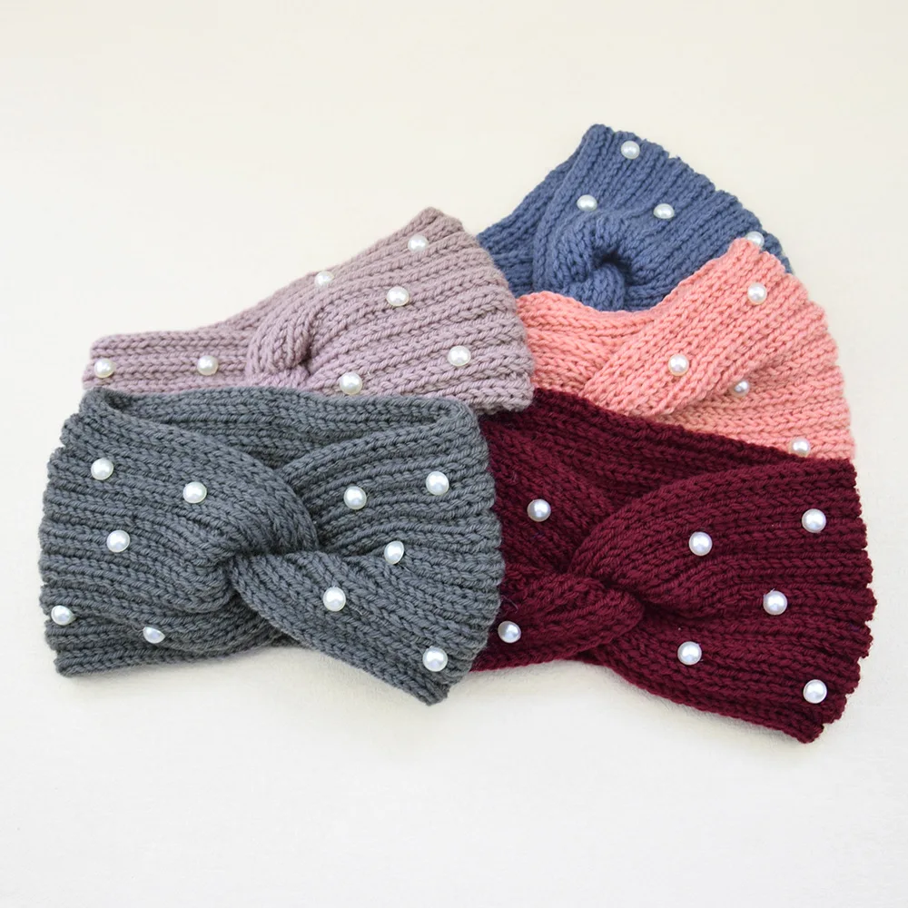 SAIJE New Handmade Pearl Knitted Cross Headbands For Women Girls Winter Headwear Ear Warmer Elastic Hair band