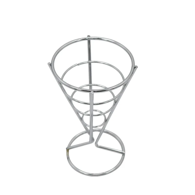 Metal Cone Snack Fried Chicken Display Rack Wire French Fries Stand Cone Basket Fry Holder with Sauce Dippers for Kitchen