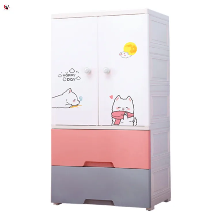 plastic wardrobe 2 drawer with two open door baby clothes hanging cupboard