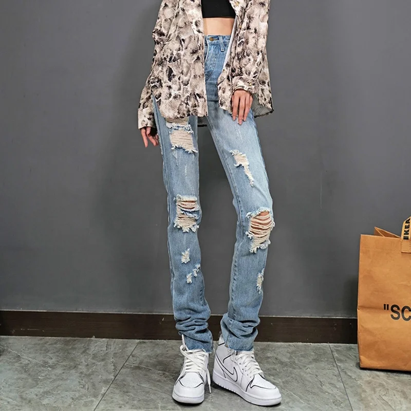 
Denim Ripped Pants Tall Women 2021 Fall Chic Straight Long High Waist Slim Fit Distressed Refuge Jeans With Holes 