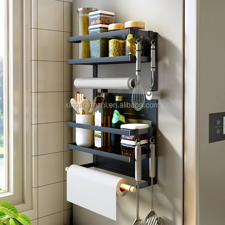 Kitchen Home Fridge Refrigerator Side Mounting Magnetic Spice bottle snack plastic wrap towel Rack Storage hanger Shelf