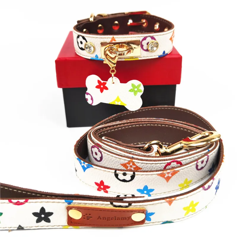 Custom Designer Adjustable Luxury Fashion Pattern Leather Dog Collar and Leash Set