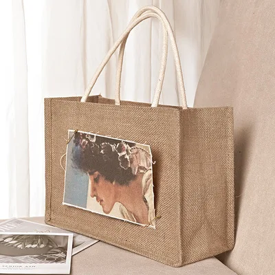 Natural PE coating lamination burlap custom logo color eco friendly grocery tote bags reusable jute shopping bag