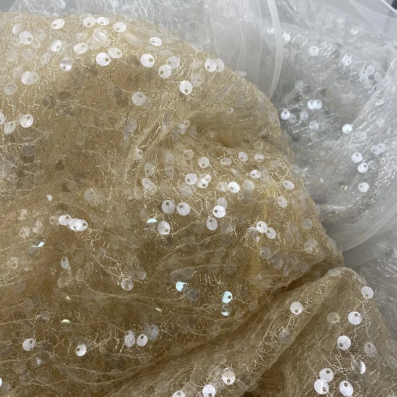 D-920 5mm Crystal Sequins Bridal Luxury Embroidery Beads Wedding Tulle Beaded Lace tulle metallic Fabric