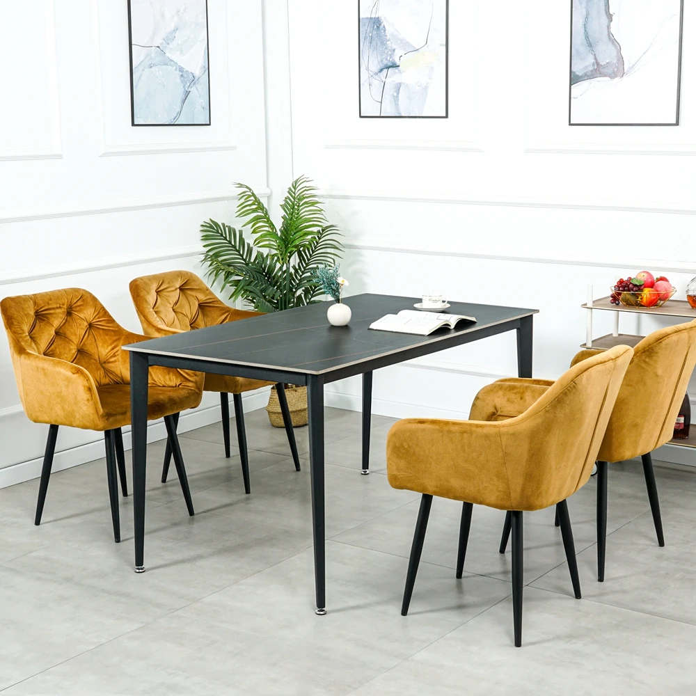 Restaurant furniture dining room set black sintered stone top dining table set with 4 chairs for home