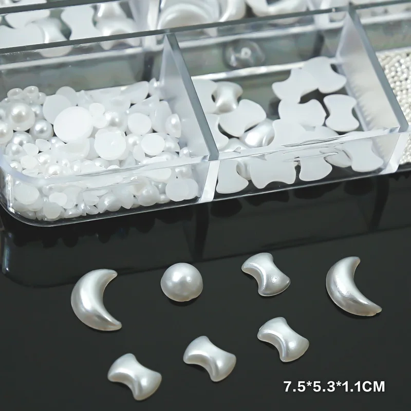 Nail art accessories with a mix of flat-bottomed pearls steel beads moon and bow decorations packaged for 3D nail embellishments