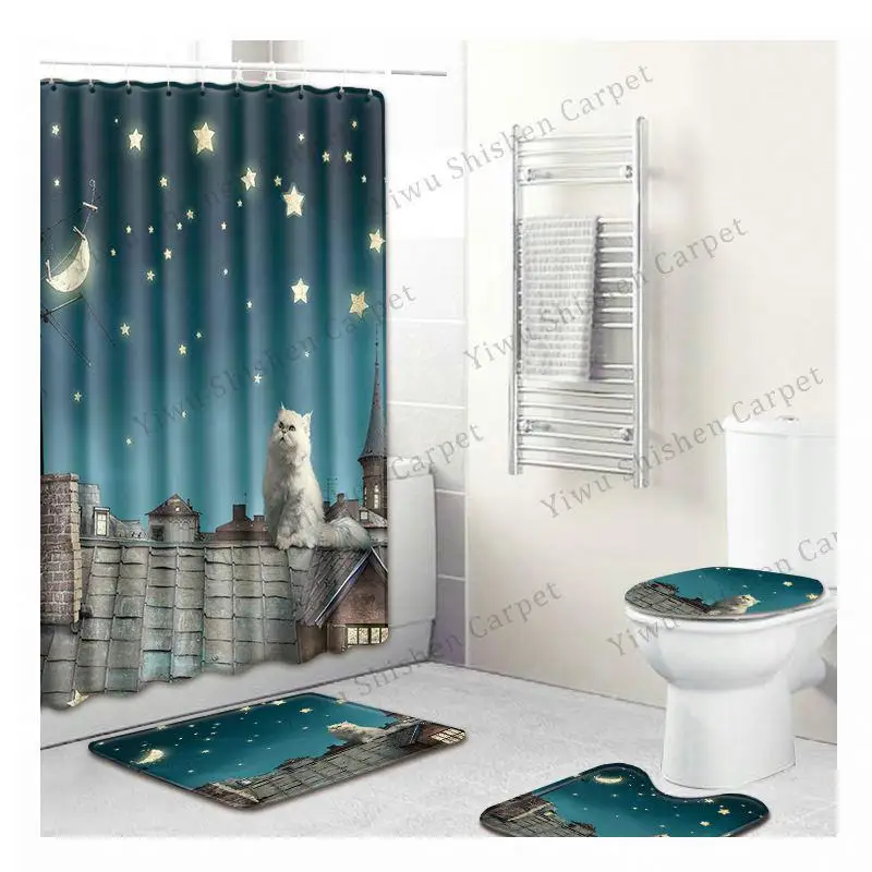Amazon Hot Sell new supplier Xmas bathroom foot mats toilet set bathroom rug waterproof polyester cat dog shower curtain