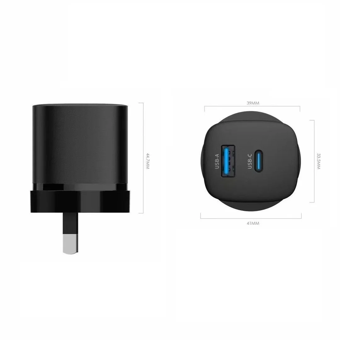 EU/Au/UK/US Folding Plug Fast Charging Dual QC3.0 30W USB Type C Ports 33W USB-C PD Wall Chargers