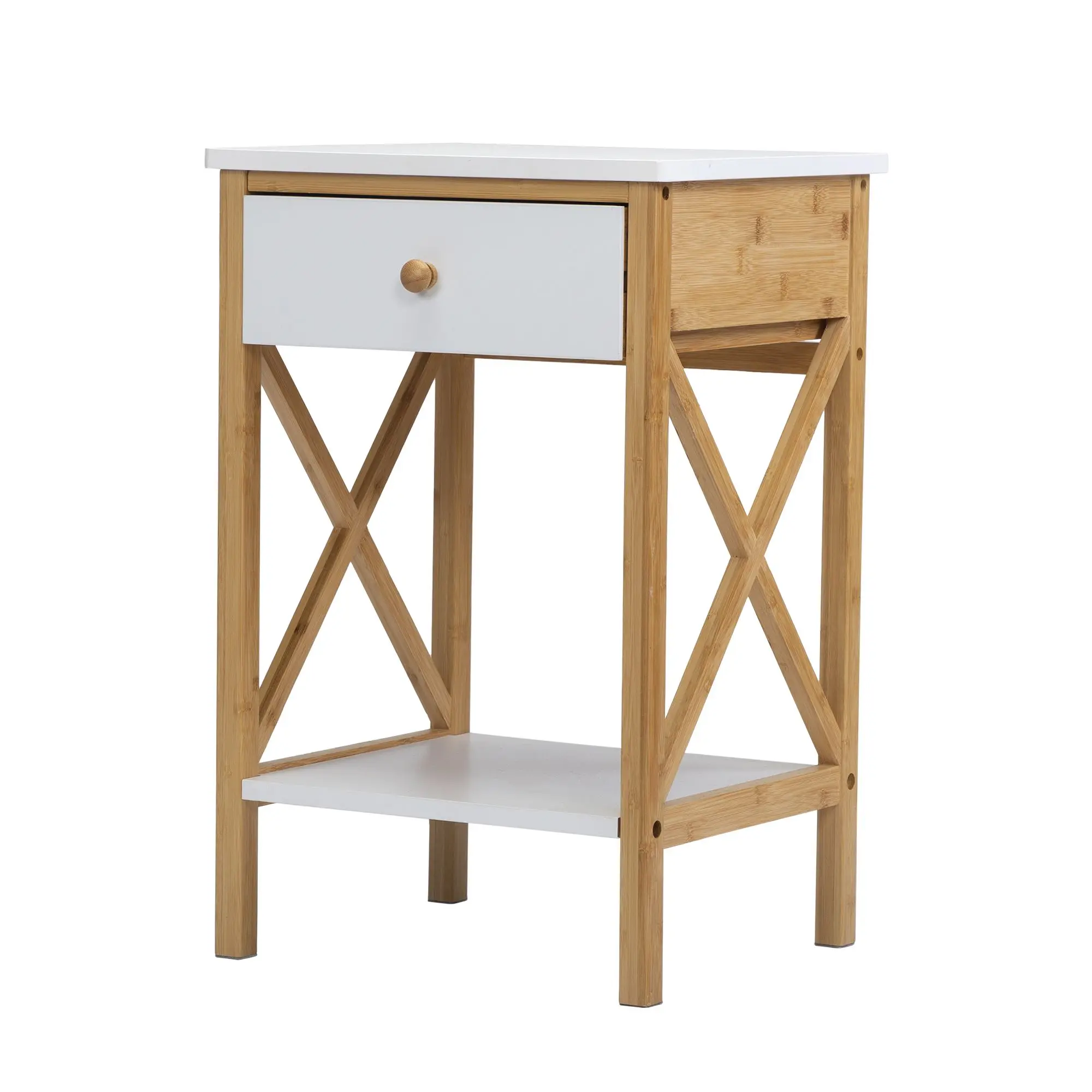 US warehouse Bamboo bedside table, side table for living room, bedroom, office, white and natural colors