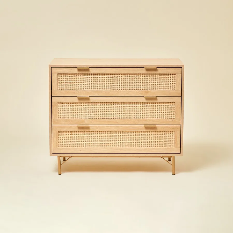 Modern cheap rattan living room cabinet furniture 3 Tier wood Chest of Drawers, rattan dresser side cabinet with storage drawer