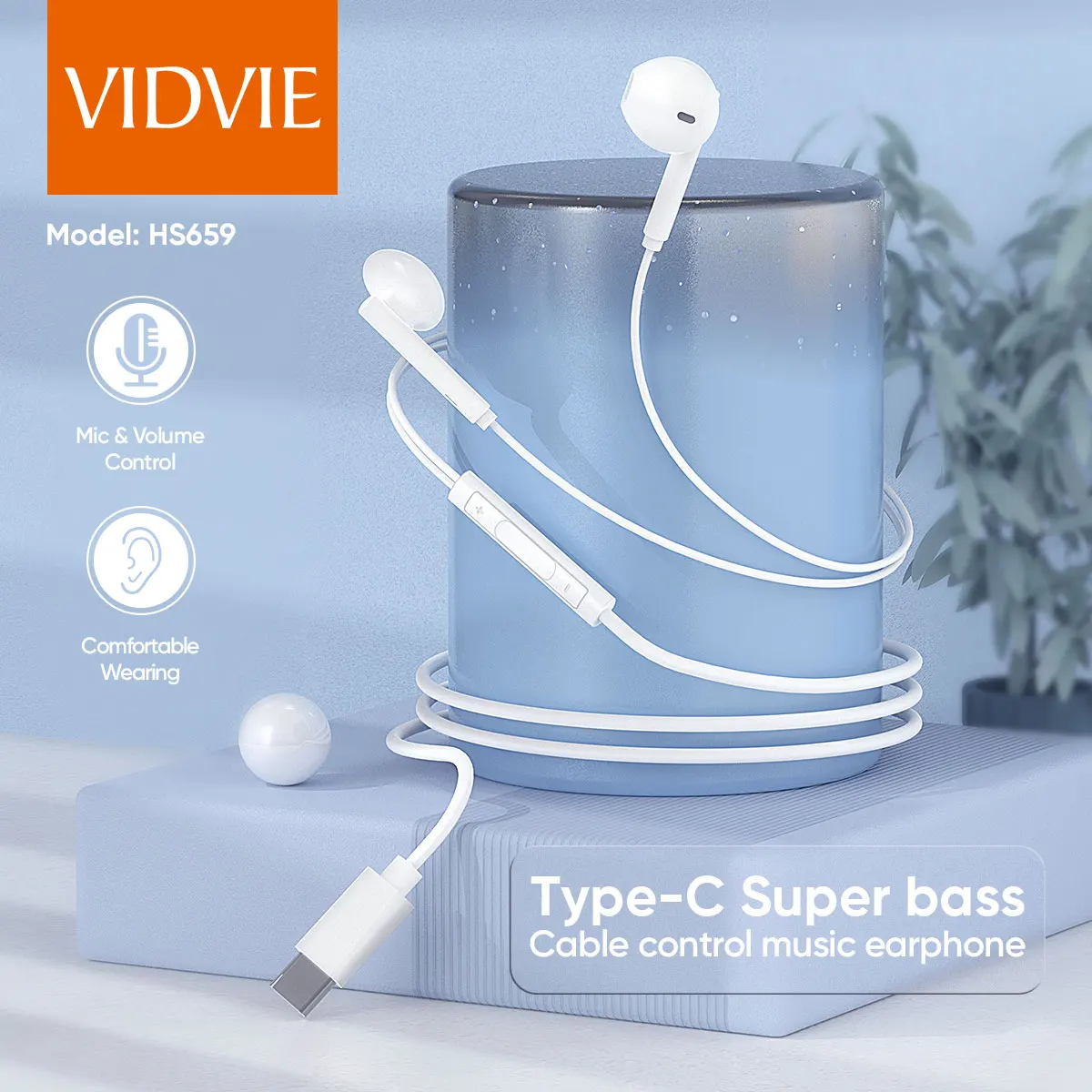 VIDVIE Real Android Digital Wired USB Type C Handsfree Wire Bass Earphone With Mic Line Control
