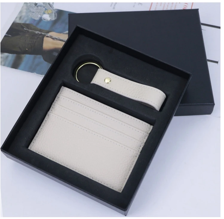 Premium Quality Corporate Gifts Set Genuine Leather Card Holder And Keychain For Man Woman