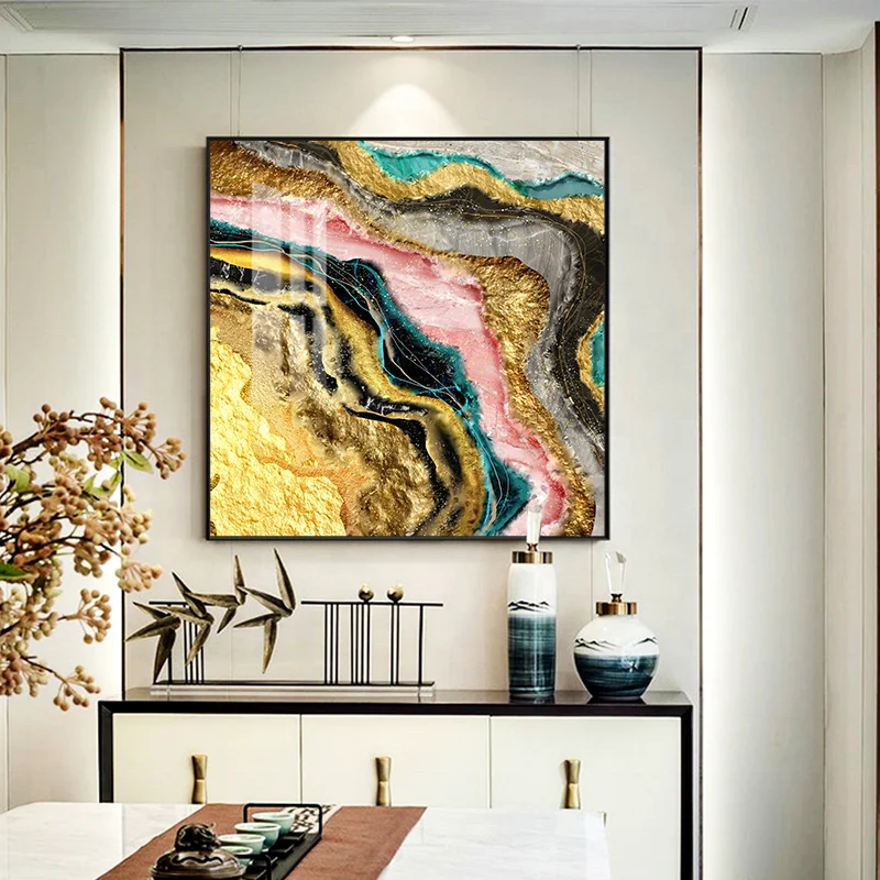 Abstract Gold Foil Oil Painting Canvas Wall Hanging Art Picture Gold Geode Epoxy Resin Glass Printing Crystal Porcelain Painting