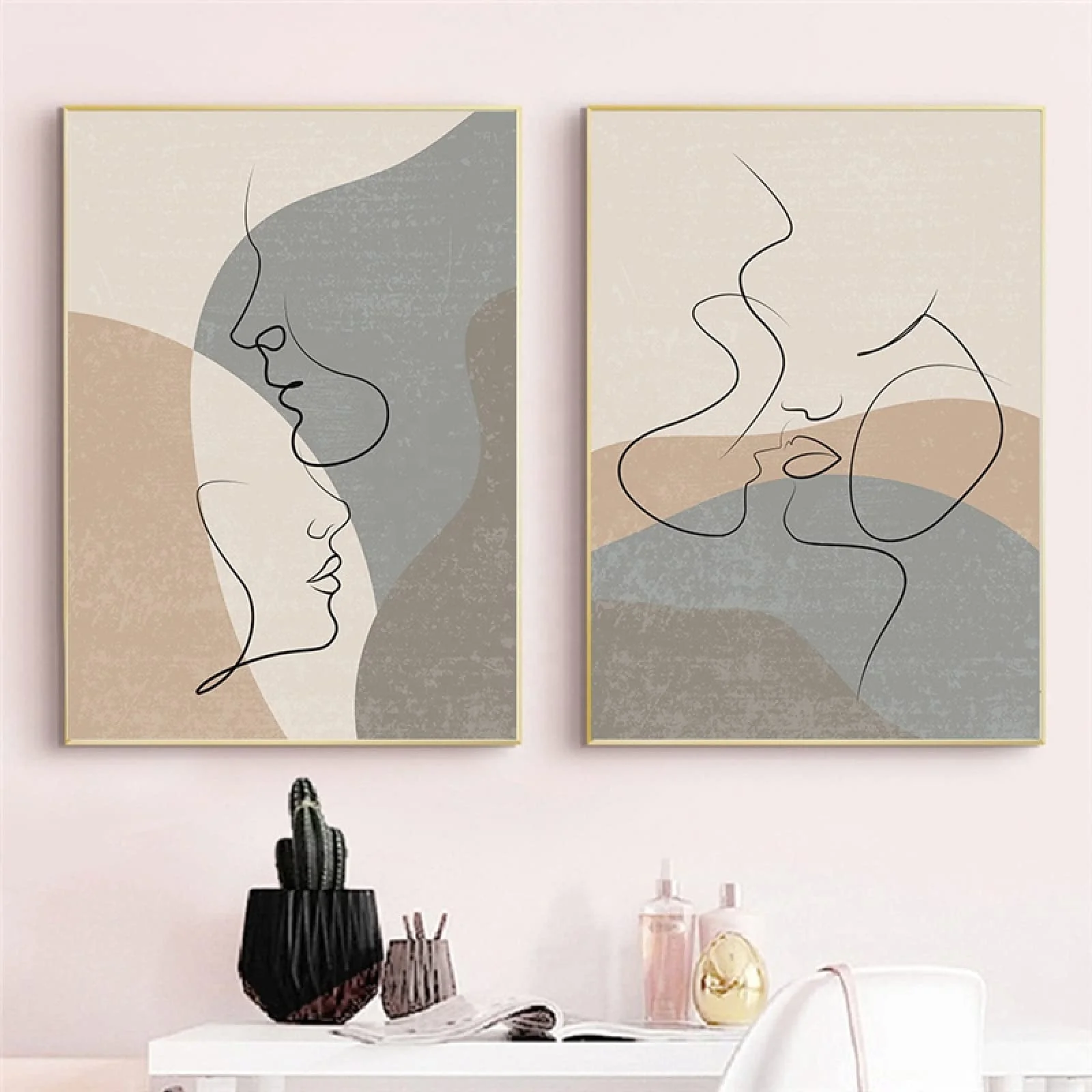 2 Pieces Abstract Geometric Lines Face Canvas Painting Boho Style Minimalist Figure Couple Lovers Kiss Wall Art Posters Printed