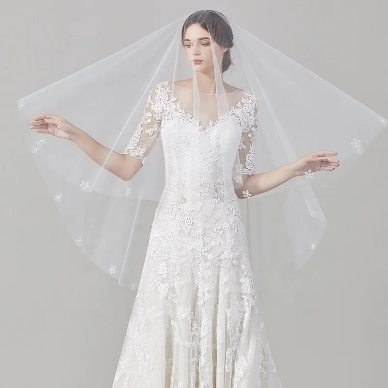 Handmade Lace Veil Bride Hair Accessories Floral Pearl Soft Tulle Two-Layer Bridal Veil Luxury for Wedding Photo Props