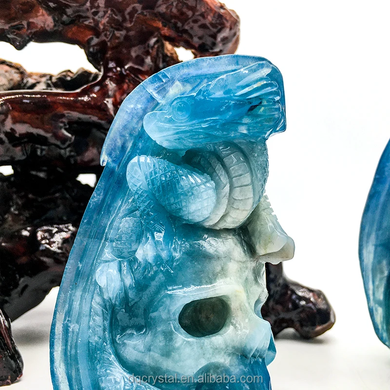 Wholesale high quality natural crystal blue Aquamarine dragon Crystal Craft Carving Unique Aquamarine skulls for decoration