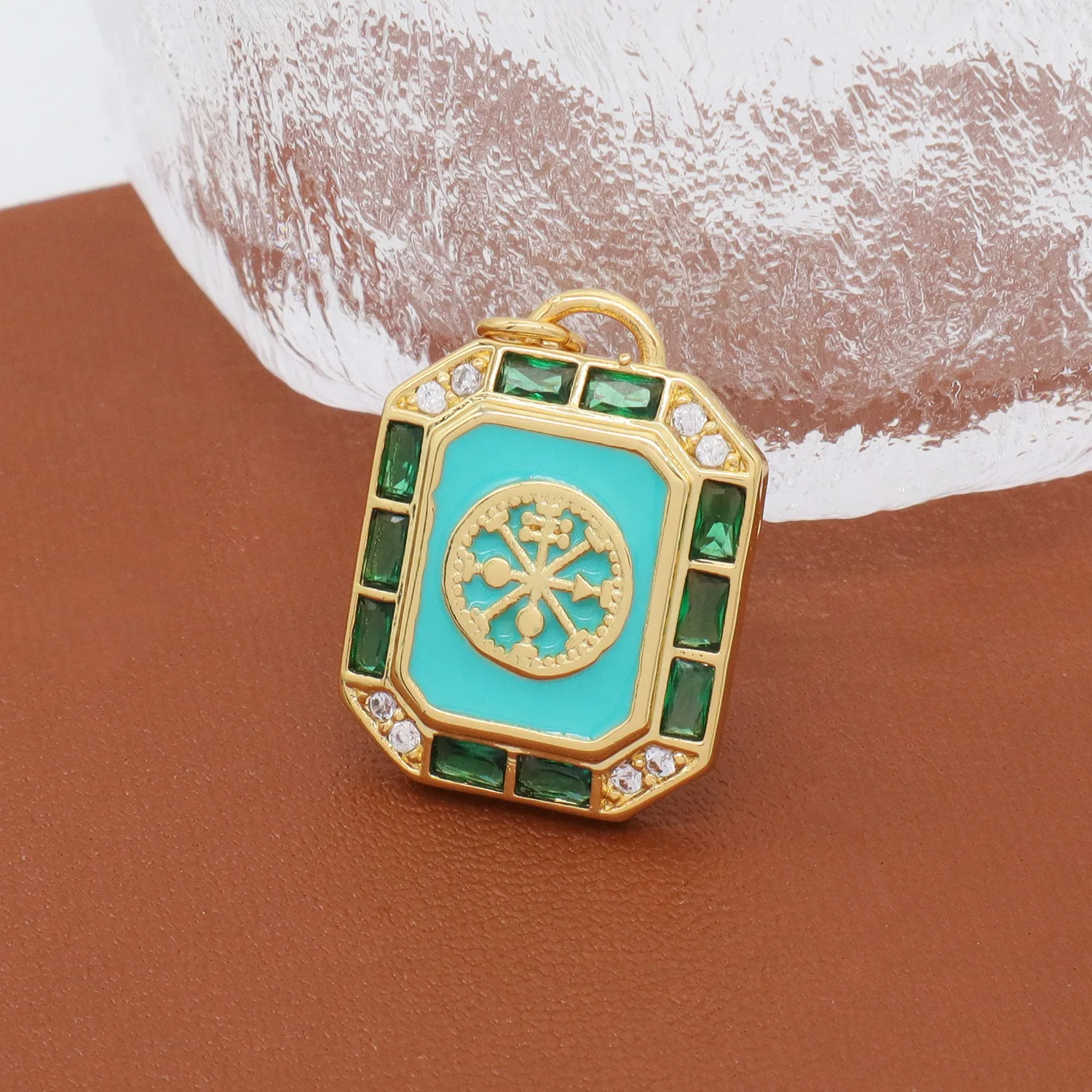 2022 Newest Woman accessoires Jewelry Green Octagonal CZ Diy gold plated enameled pendant charm for Teen Girl  Women