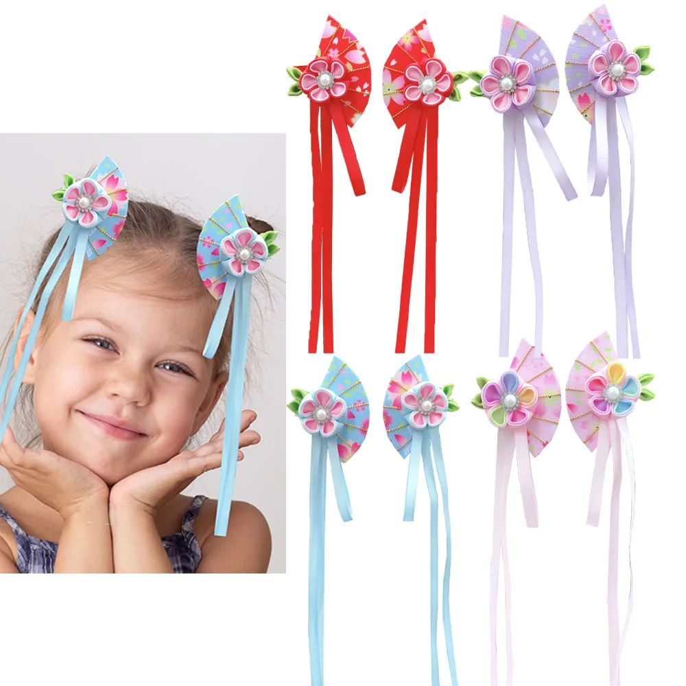 cute flower long streamers hair clips kids hanfu gorgeous kanzashi girls beautiful hair accessories