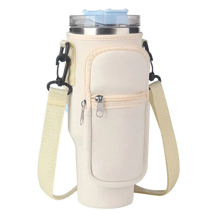 Custom logo neoprene 40oz water bottle carrier sleeve pouch tumbler cup holder sling bag with phone zipper pocket shoulder strap