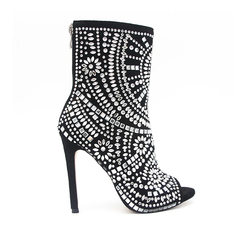 Black patterned diamond-studded ankle boots for ladies Black elegant stylish lady high-heeled ankle boots