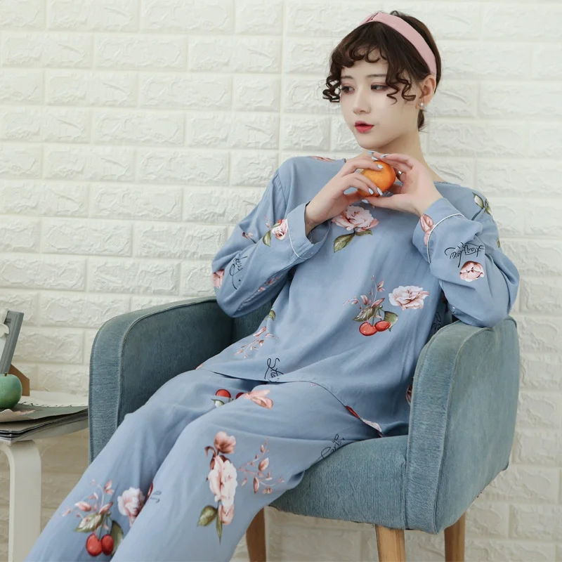 People cotton pajamas spring and autumn ladies long-sleeved trousers home service suit round neck loose large size