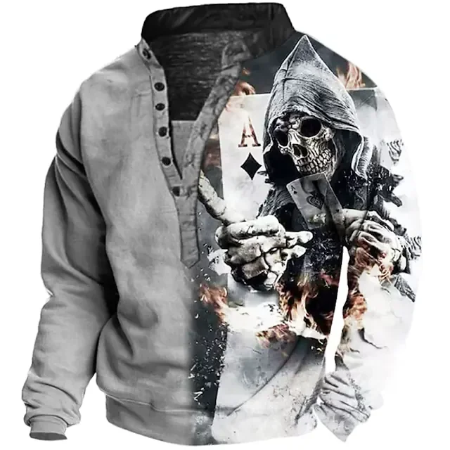 Wholesale Skull Graphic Prints V Neck Henley Sweatshirt Plus Size Button Up Jerseys Gym Fitness Durable Sport Sweater For Men