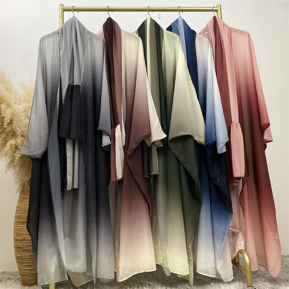 67501#B Fashion Shiny Starry Sky Gradient Color Cardigan With Long Hijab Muslim Women Classy Abaya 2 PCS Set
