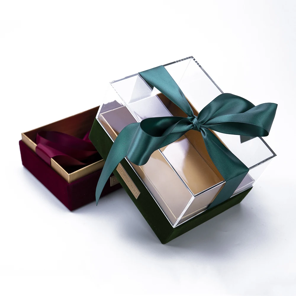 Acrylic Cover Lid Paper Boxes Transparent Chocolate Gift Box with Ribbon