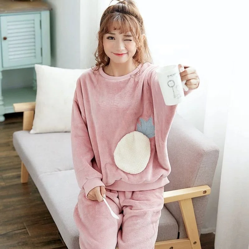 Women Pajamas Autumn Winter Flannel Warm Woman Sleepwear Korean cute Cartoon Nightwear Set Fashion Mujer Home Cloth Pyjamas