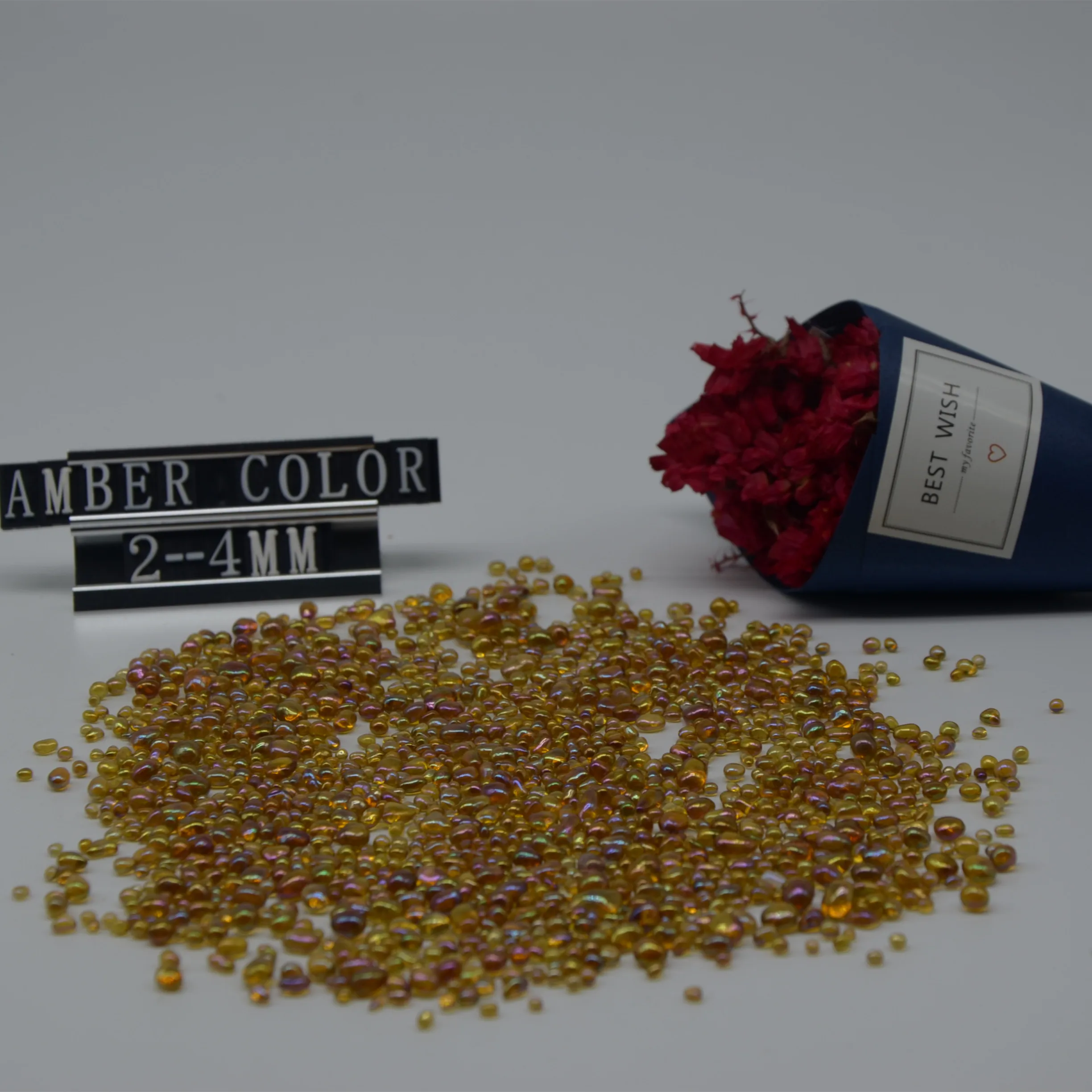 Manufacturer price 1-3mm amber iridescent recycled irregular glass bead glass pebble for swimming pool interior finish