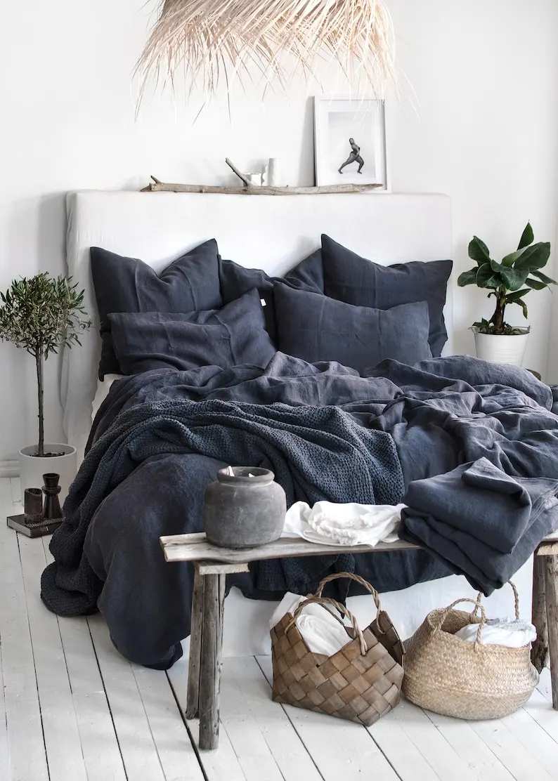 Graphite Blue Linen Bedding Set Duvet Cover & 2 Pillowcases King Queen Full Double Twin Single Anthracite Gray Blue Washed Soft