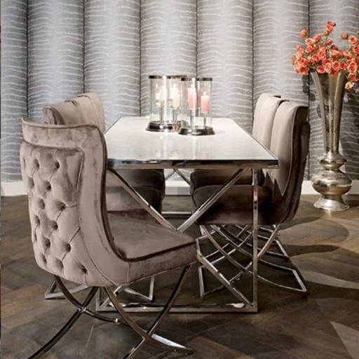 
2021 Modern Grey Velvet Dining Chairs with Silver Stainless Steel Crossed Base and Button Backs 