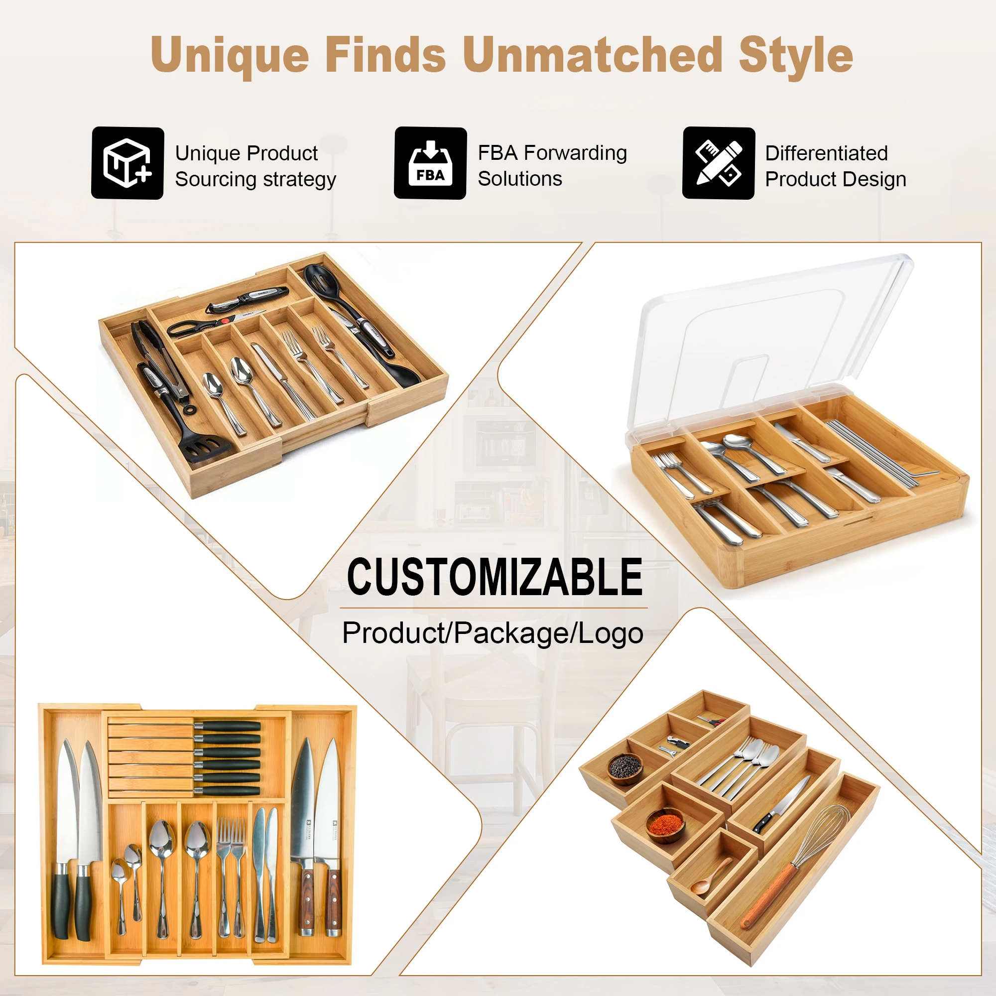 Compact Bamboo Utensil Drawerrs for kitchen Organizer Silverware Tray for Kitchen Cutlery Flatware Spoon Knives storage