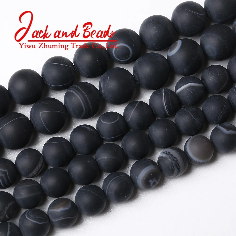 Natural Onyx Stone Matte Black Stripes Agates Beads for Jewelry Making