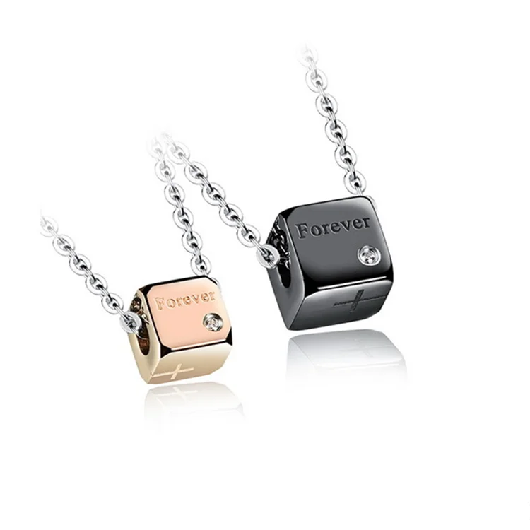 His & Hers Titanium Steel Cubic Crystal Inlaid Forever Engraved Love Necklace Cube Design Couple Necklace for Lovers