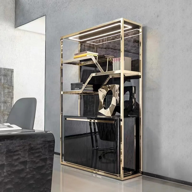 Light Luxury Stainless Steel Floor Stand Shelf Living Room Metal Gold Shelf Office Display Bookcase High-end Bookcase Furniture