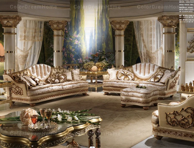 french living room furniture Luxury Gold square coffee table set wooden center table