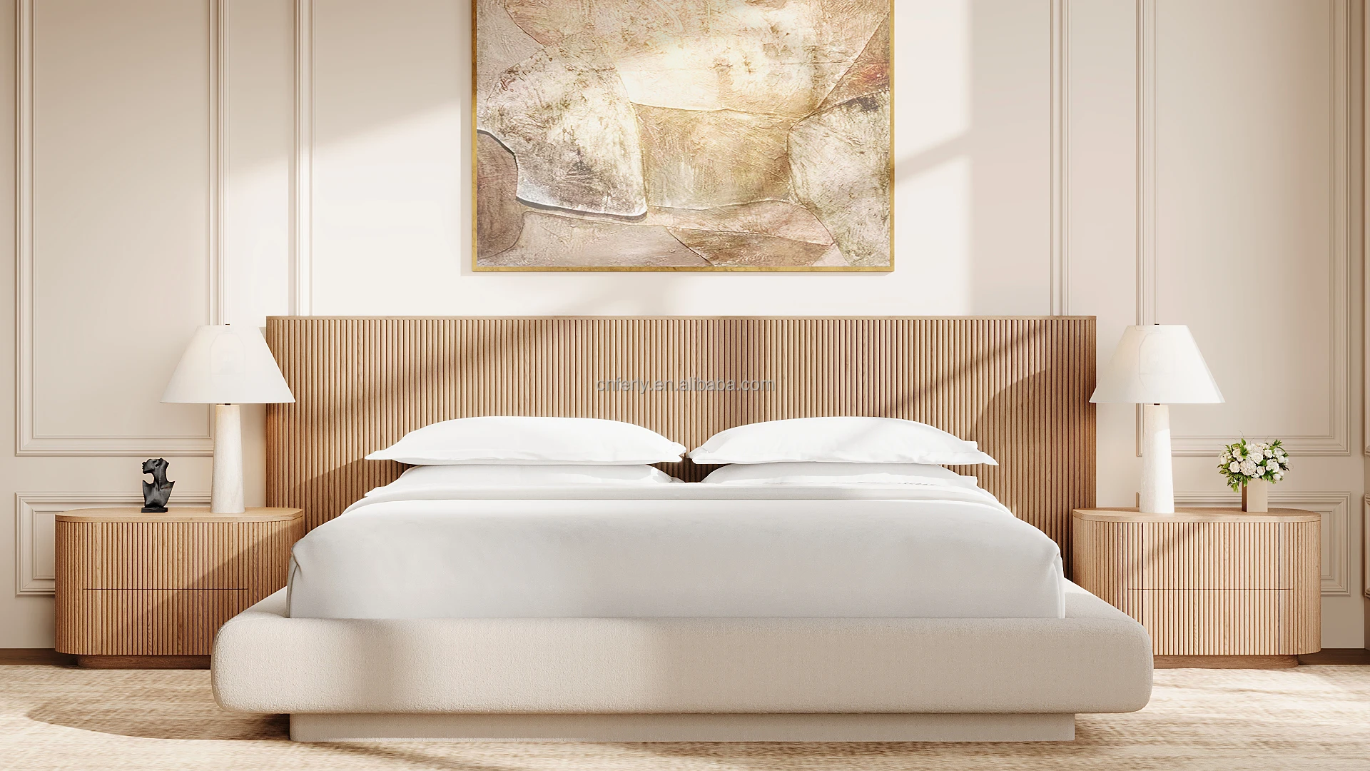FERLY Bedroom Furniture Luxury King Size Bed Classic Side Curved Headboard Extended Panel Bed With Fabric Base Nightstand Set
