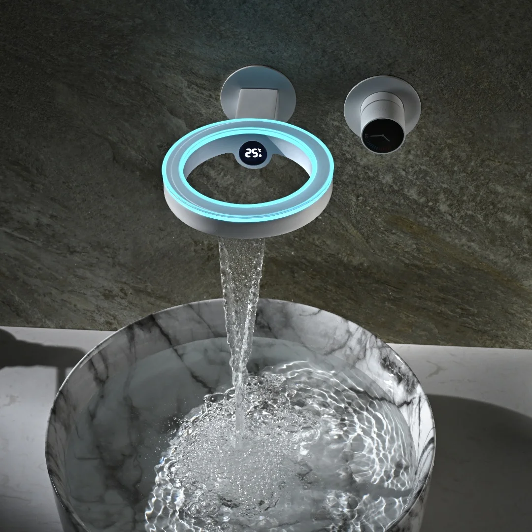 Fashion Ring Concealed Bathroom Faucet Water Temperature Digital Display LED Luminous Edge Waterfall Spout Basin Faucet