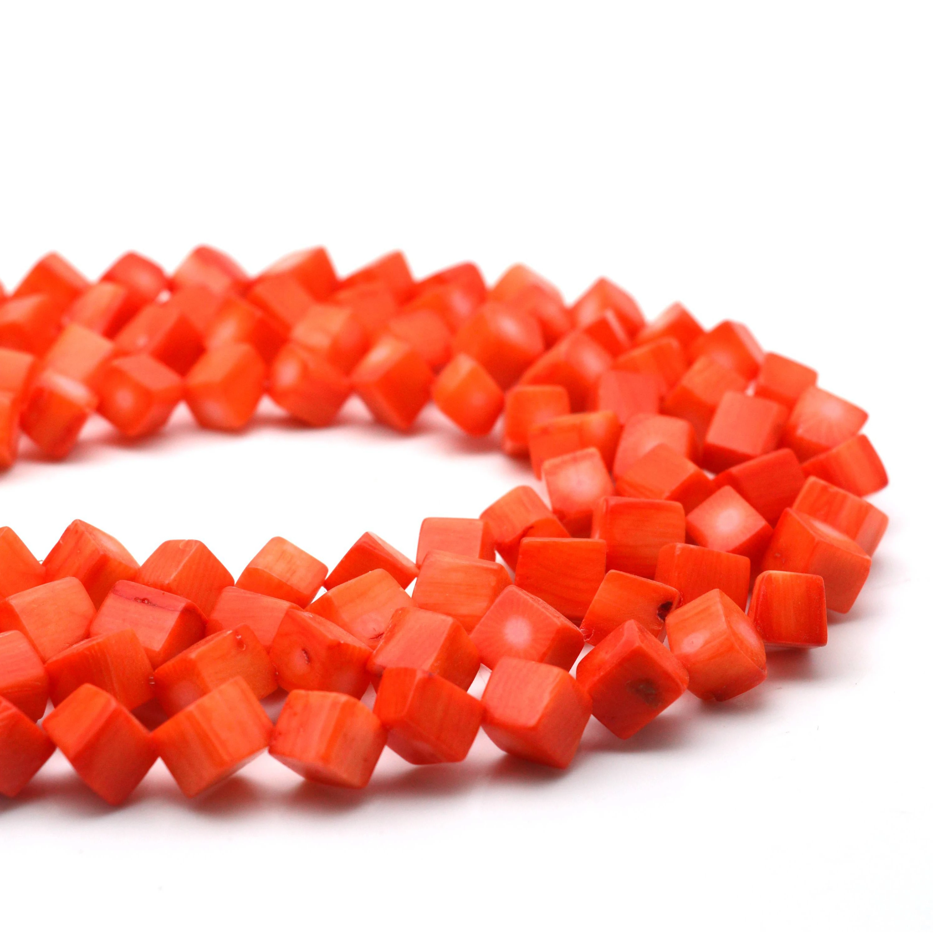 16mm Wholesale Natural Loose Orange Red Inclined Hole Square Cube Cuboid Sea Bamboo Coral Stone Beads For Jewelry Making