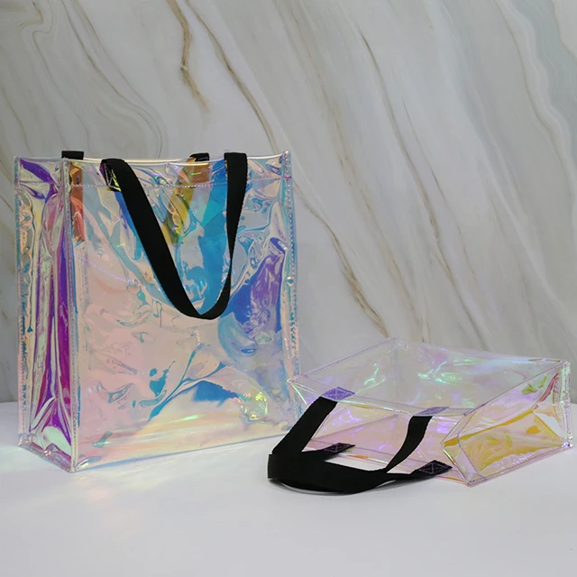 Custom Fashion Laser Tote Hand Bag PVC Reusable Grocery Holographic Clear Shopping Bag