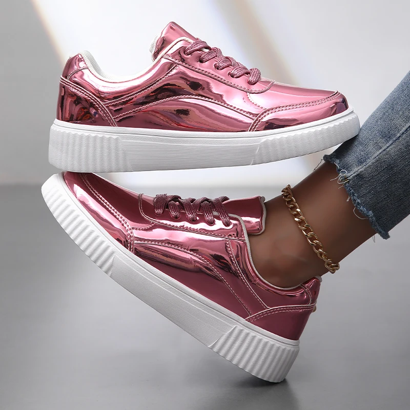 Rose Gold Flat Retro Women Skateboard Manufacturer Basketball Casual Leather Sneakers Low Top Custom Gold Shoes For Women