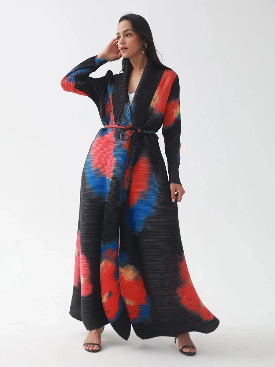 Factory Customized high quality Miyake Pleated Abaya Scarf Collar Belt Kaftan Robes Front Open Coat Women Muslim Modest Abaya