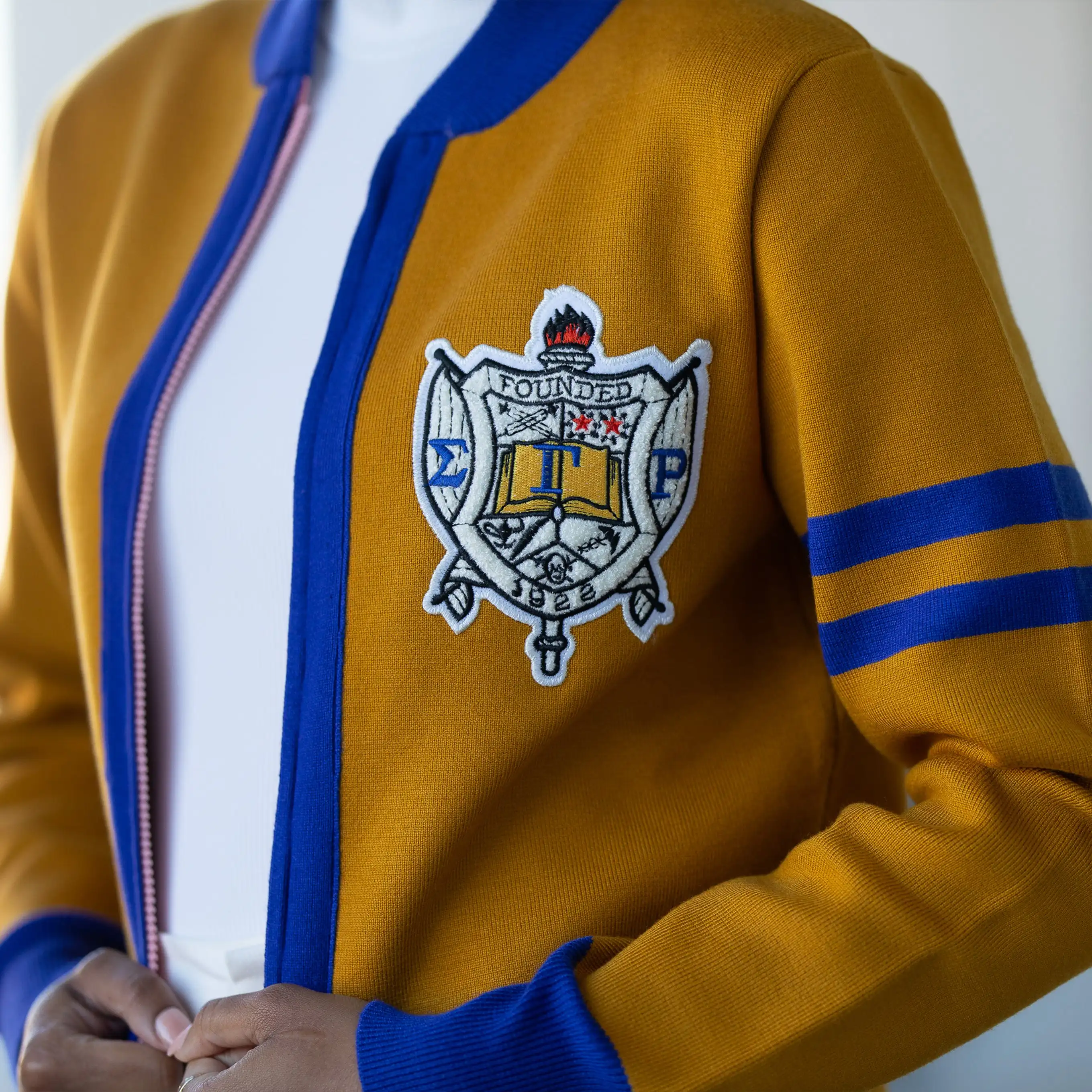 custom OEM ODM manufacturer women sweater knitted Sorority gold royal blue  Old School Classic Cardigan