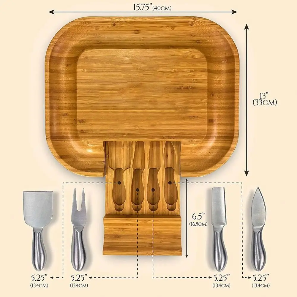 Bamboo Cheese Board With Drawer & 4 Stainless Steel Knives Luxury Set | Deluxe Extra Spaces Serving Slide-Out