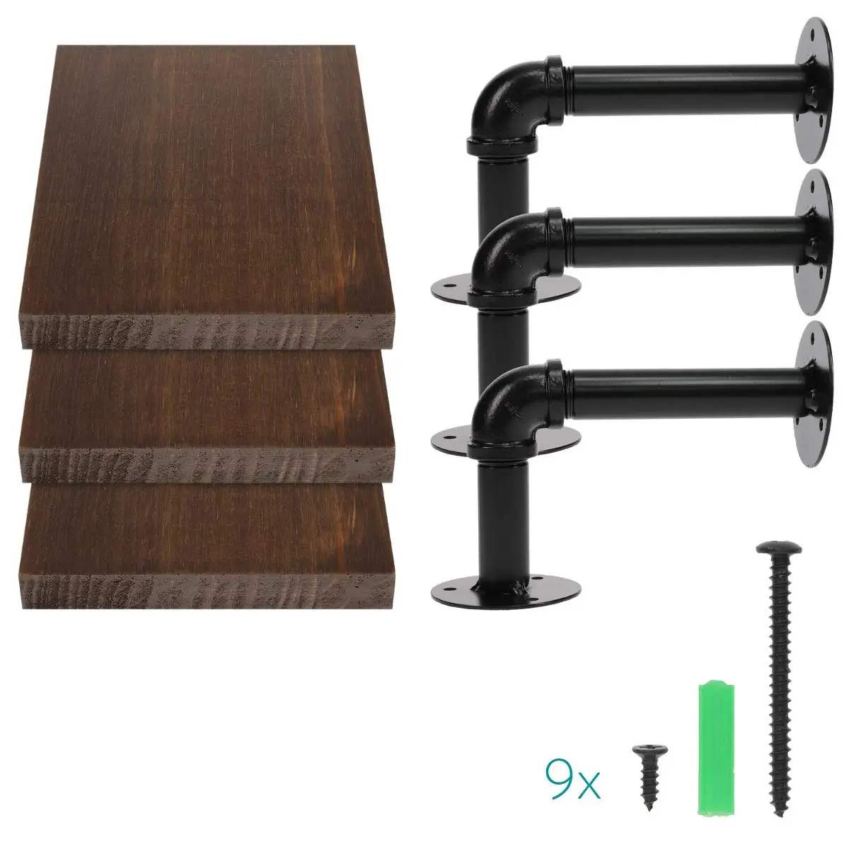 Hot Sales Decorative Pine Wood Wall Mounted Shelves Black Pipe Brackets Wall-Mounted Wood Shelving Industrial Pipe Shelf Set