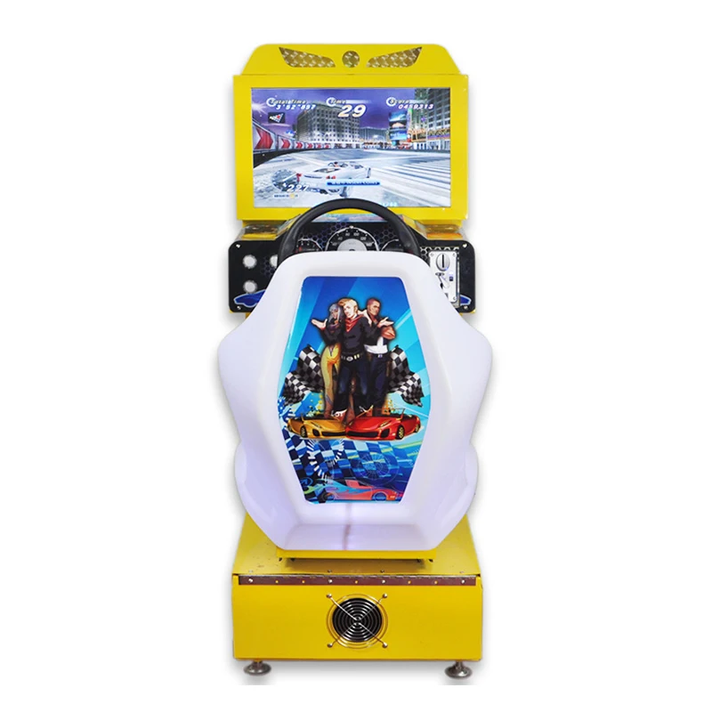 Toss a coin operate an electronic child ride drive a child arcade car race an arcade car simulator around a racing game machine
